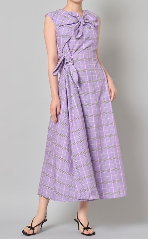 コットンチェックプリントロングワンピース