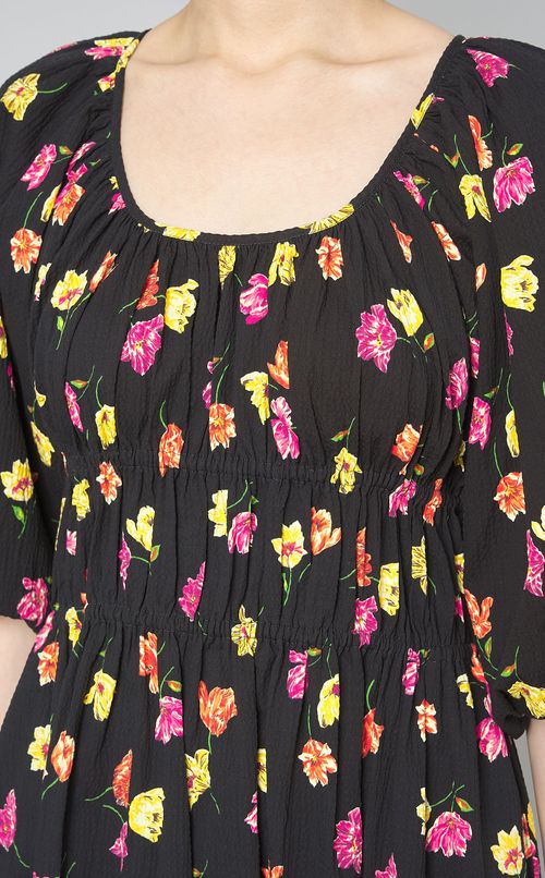 コットンフプリントギャザーワンピース