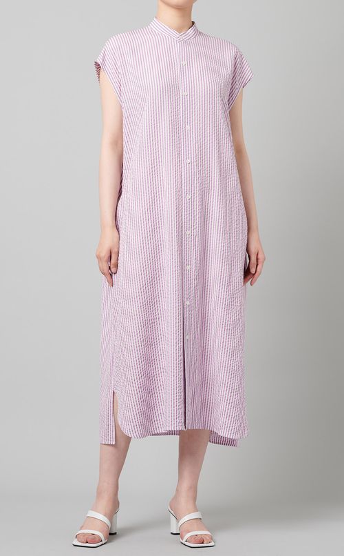 スタンドカラーストライプワンピース