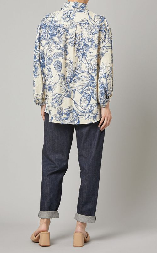 リネン混フラワープリントシャツ
