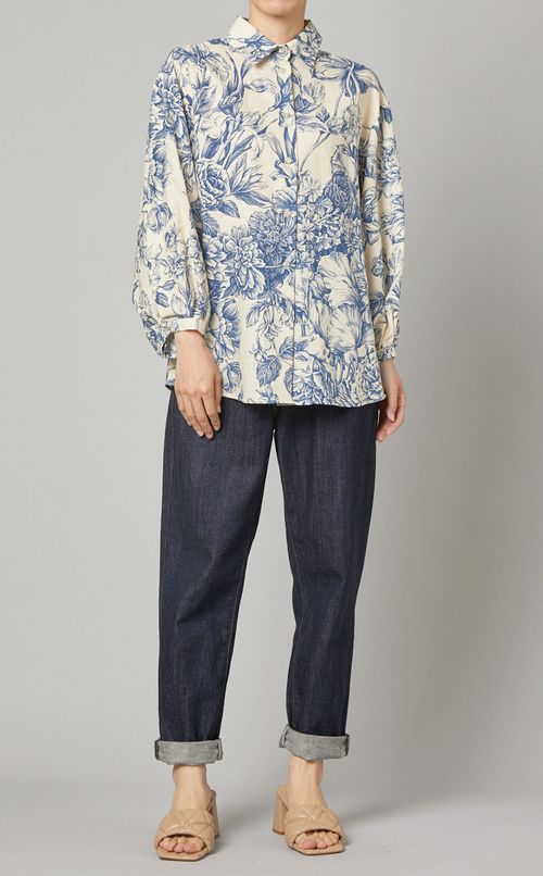 リネン混フラワープリントシャツ