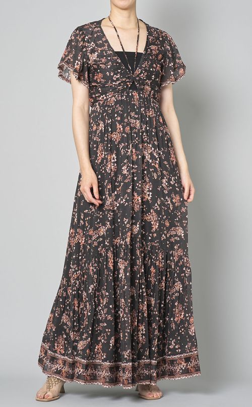 フラワープリントギャザーロングワンピース
