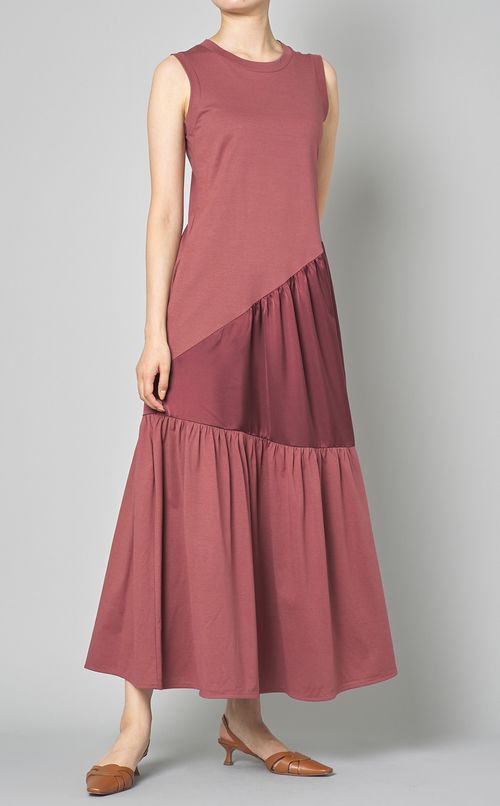 クルーネック切替ロングワンピース