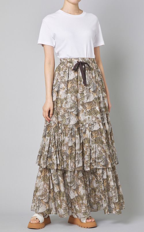 キャットプリントティアードロングスカート