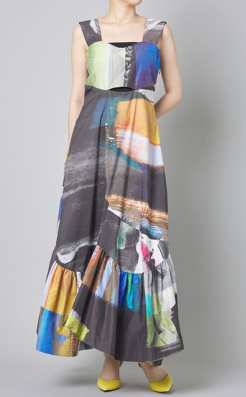 コラージュプリントギャザーロングドレス