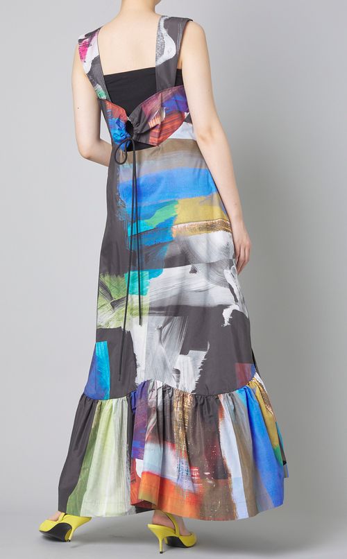 コラージュプリントギャザーロングドレス