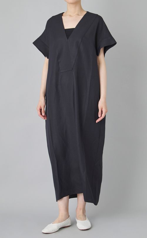 ヴィスコースリネンvネックワンピース