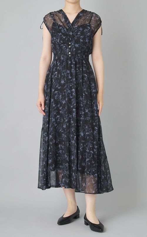 ラインフラワープリントワンピース