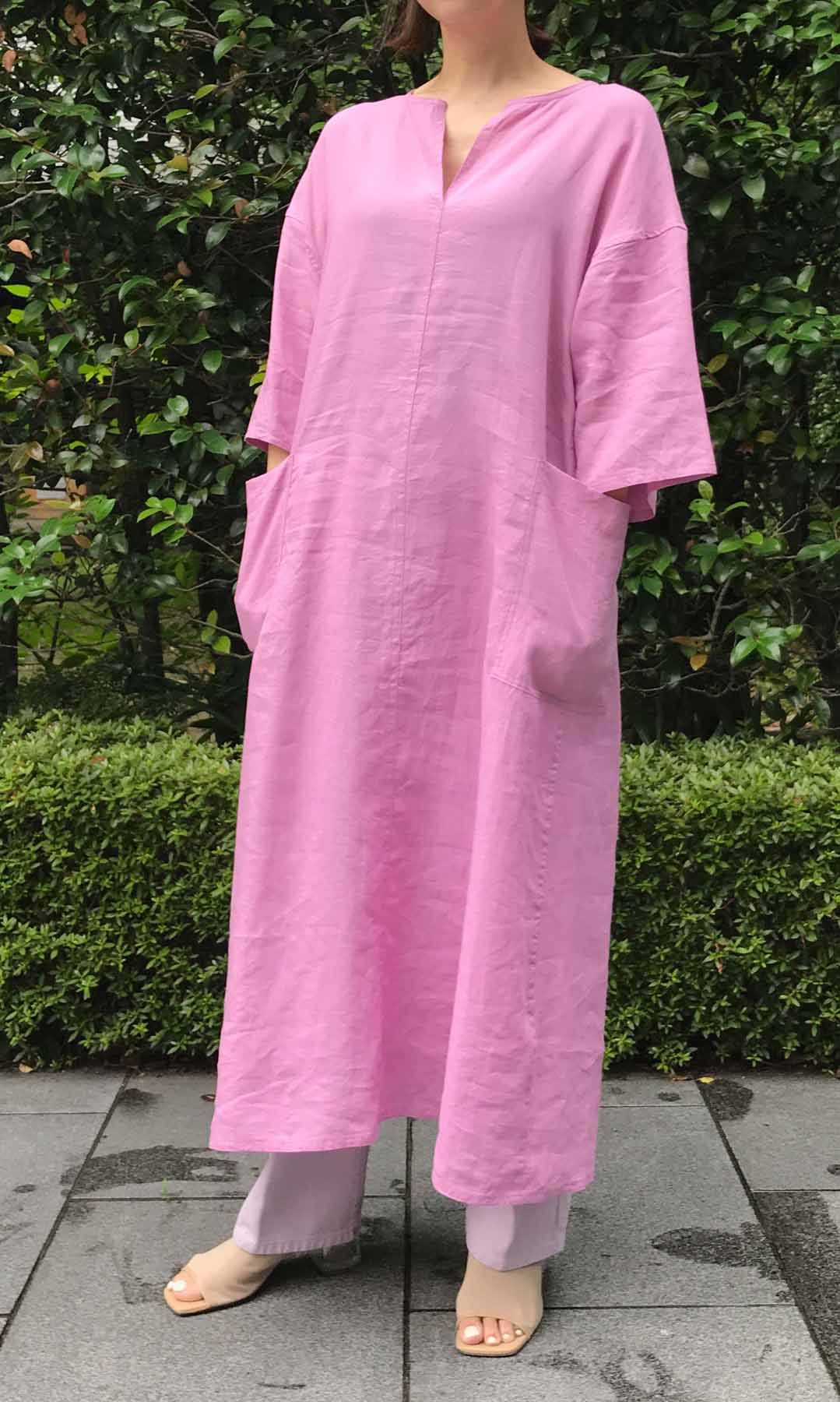 ✥限定SALE　TICCA キーネックワンピース　リネン　ピンク TICCA｜リネンキーネックワンピース