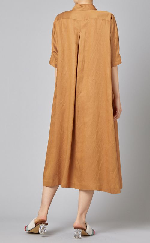 ベルト付リネン混シャツカラーワンピース