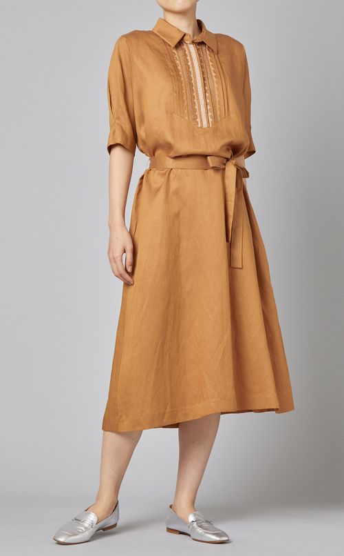 ベルト付リネン混シャツカラーワンピース