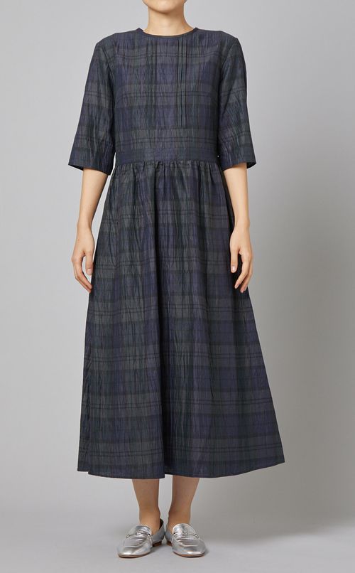 リネン混チェックワンピース