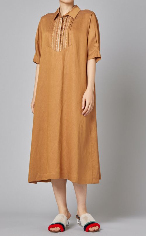 ベルト付リネン混シャツカラーワンピース