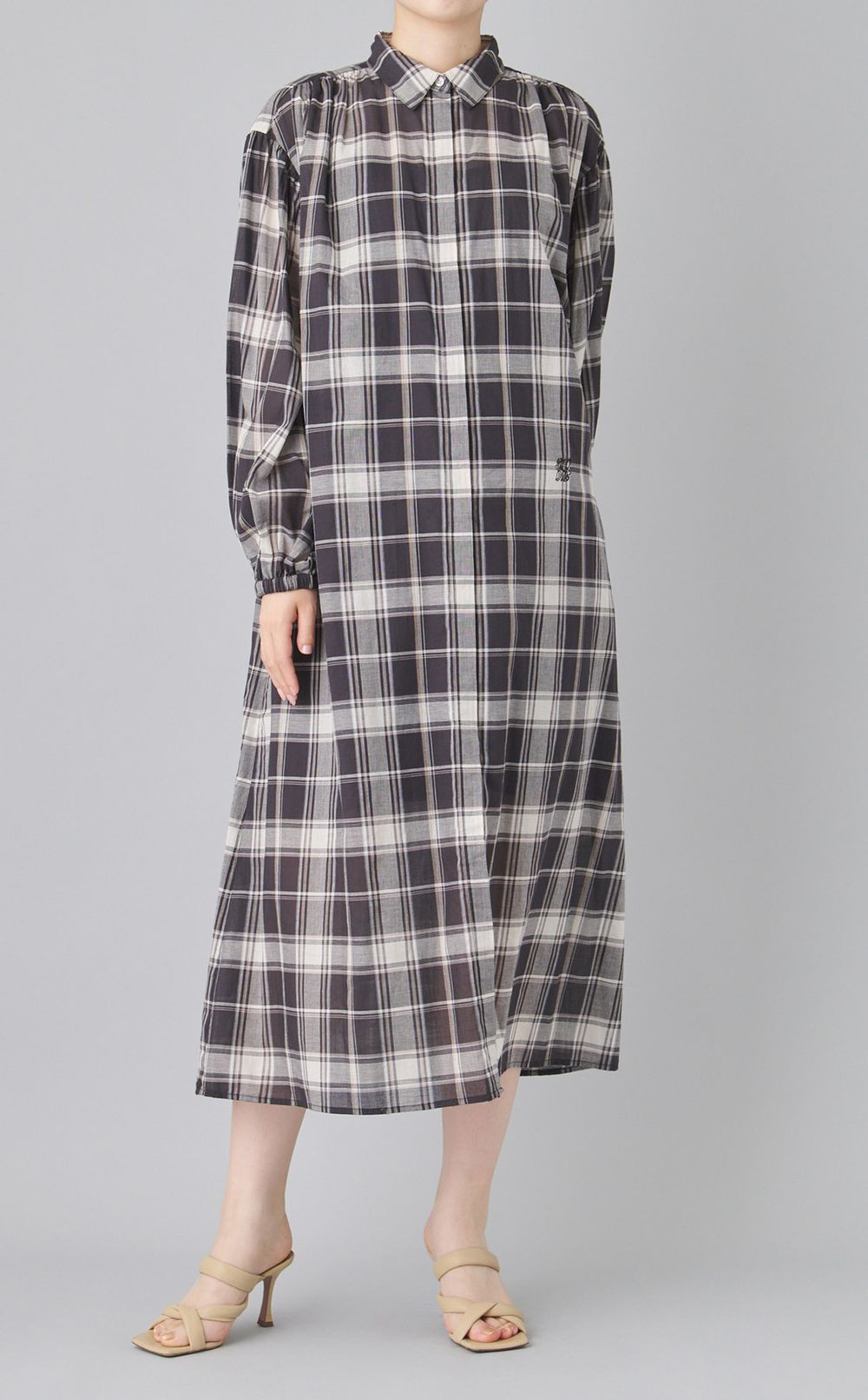 チェックボリュームスリーブワンピース