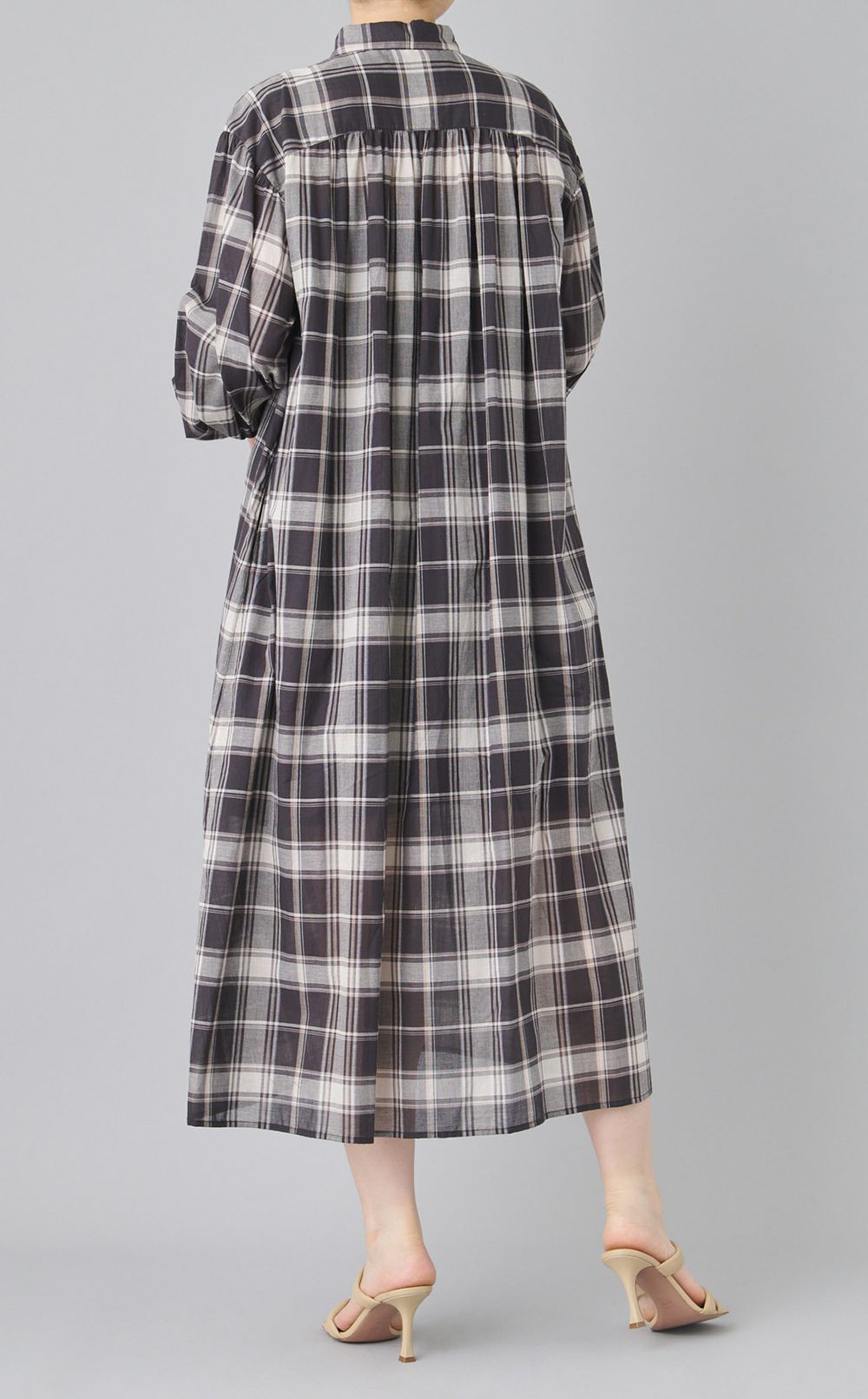 チェックボリュームスリーブワンピース