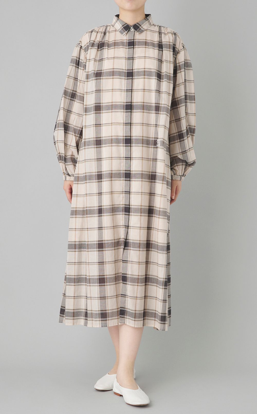 チェックボリュームスリーブワンピース
