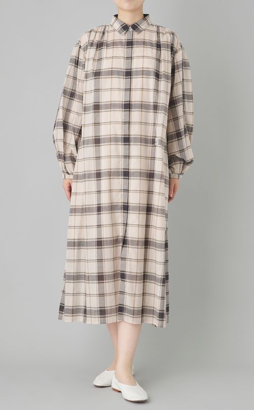 チェックボリュームスリーブワンピース
