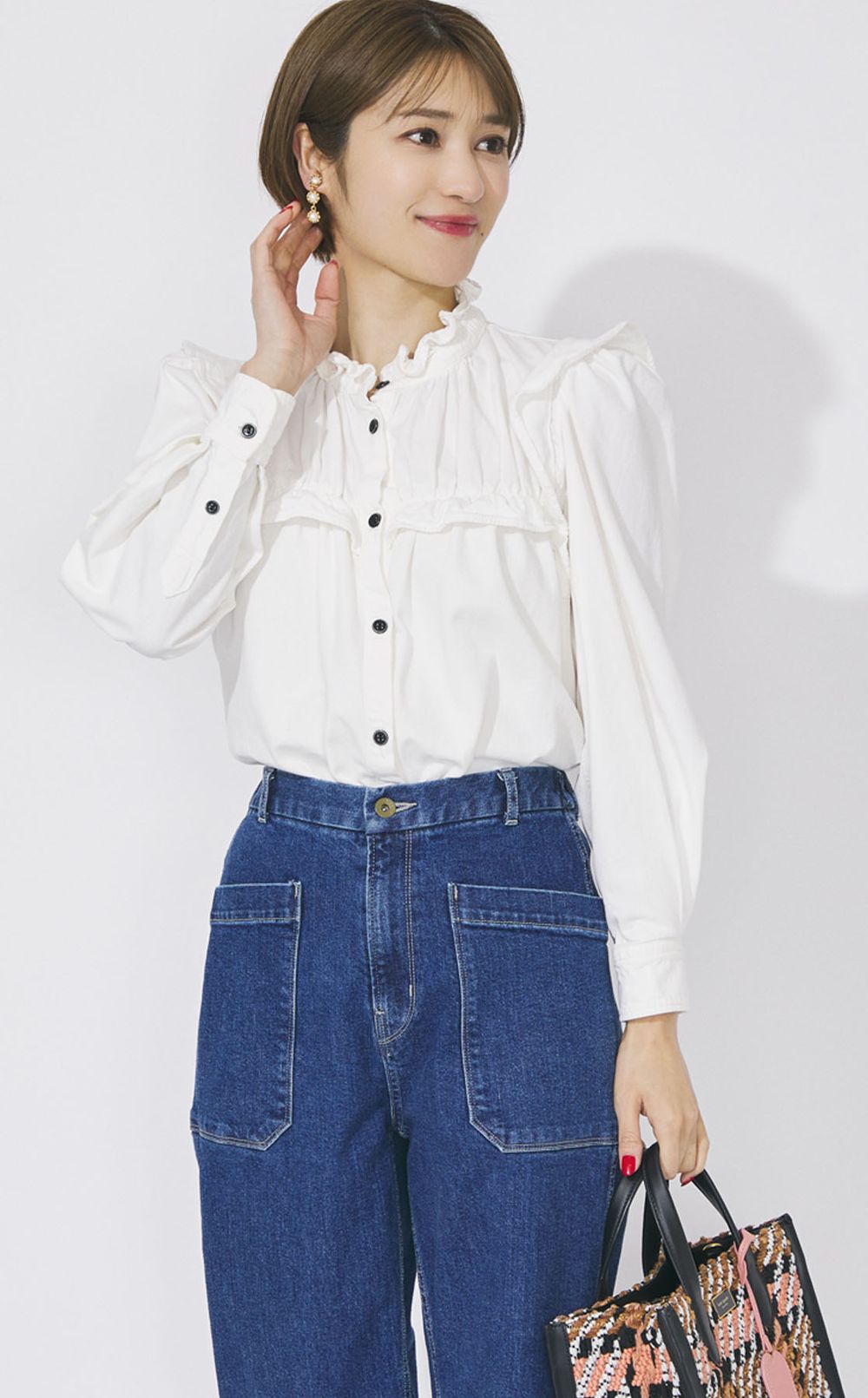 シャンブレーコットンフリルブラウス