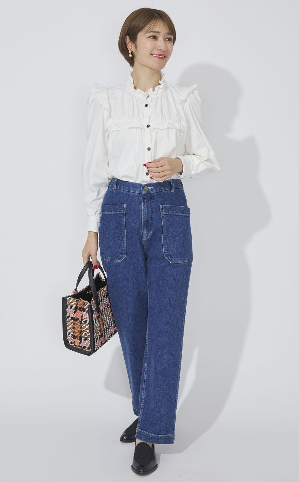 シャンブレーコットンフリルブラウス