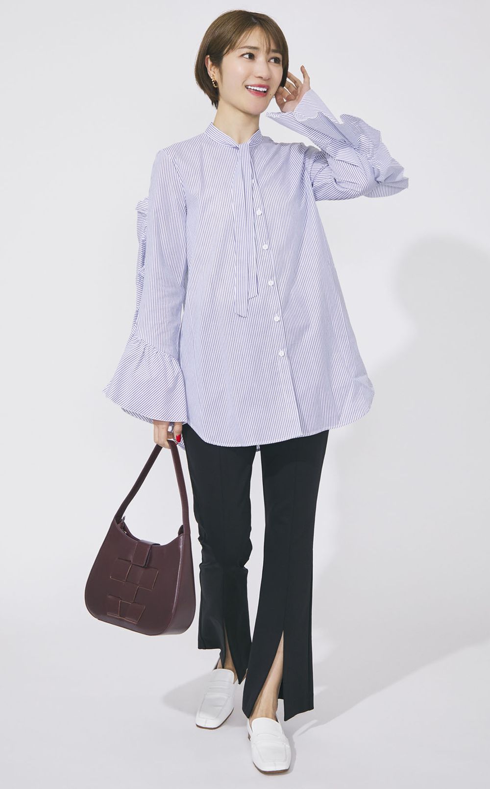 ストライプフリルスリーブボウタイブラウス