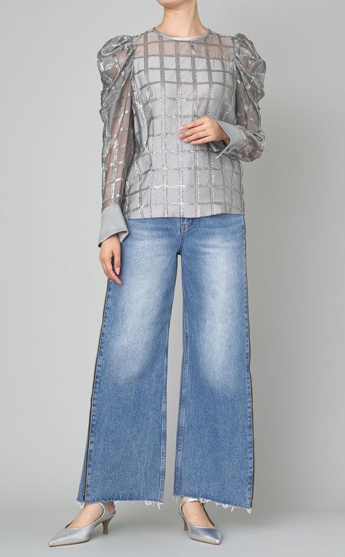 オーガンジーラメチェックブラウス