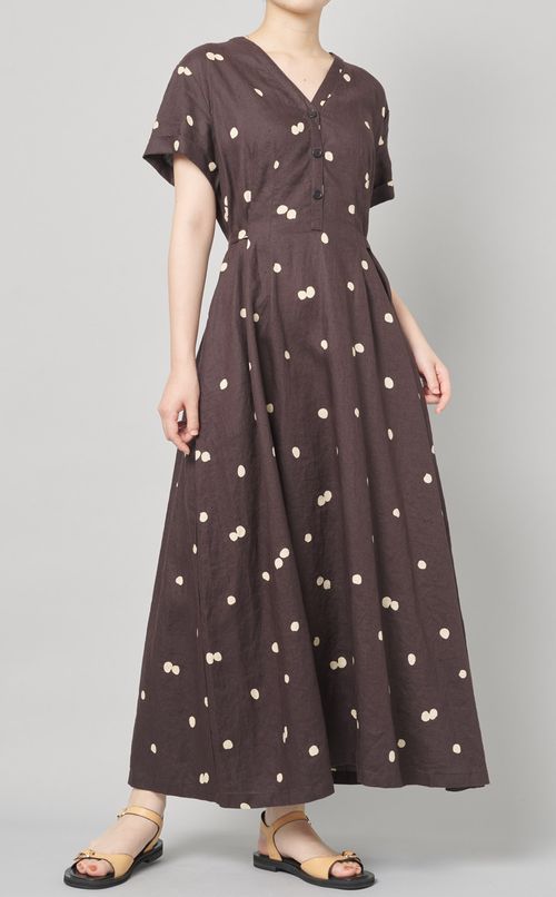 リネンドットプリントロングワンピース