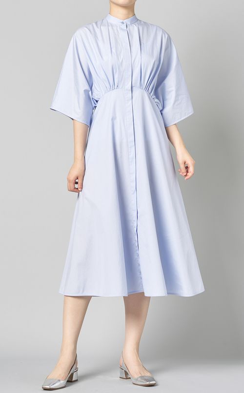 スタンドカラーギャザーワンピース