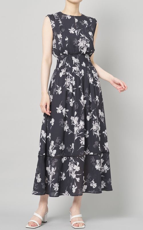 ウエストシャーリングプリントワンピース