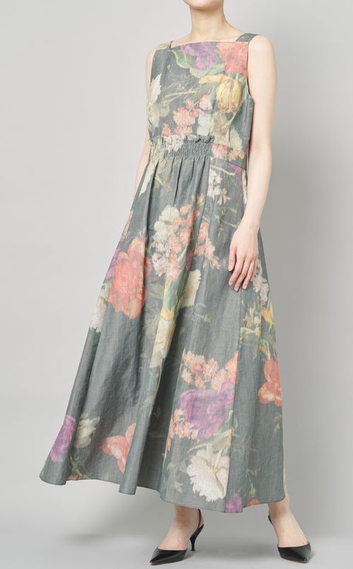 マルチフラワープリントギャザーワンピース