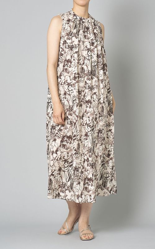 リーフプリントタックギャザーワンピース