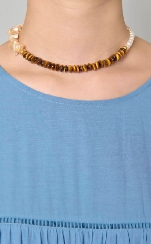 タイガーアイ淡水パールネックレス