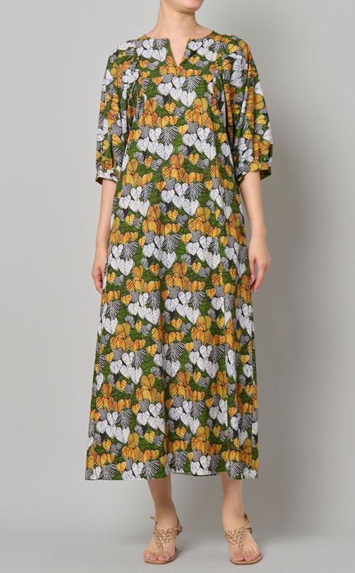 プリントギャザースリーブドレス