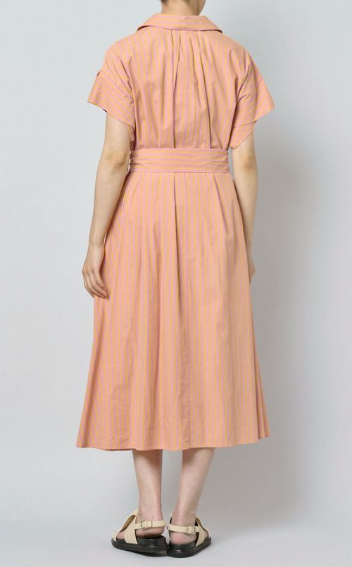 コットンストライプベルテッドワンピース