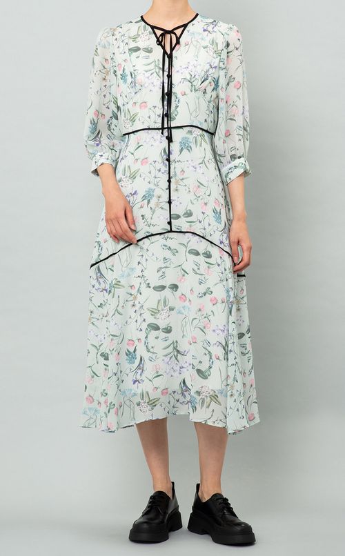 パイピングフラワープリントワンピース