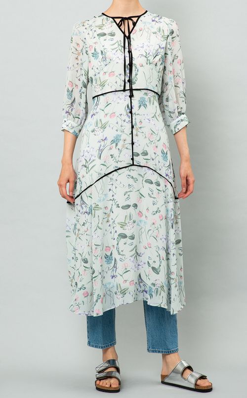 パイピングフラワープリントワンピース