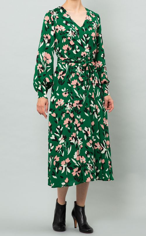 Vネックフラワープリントワンピース