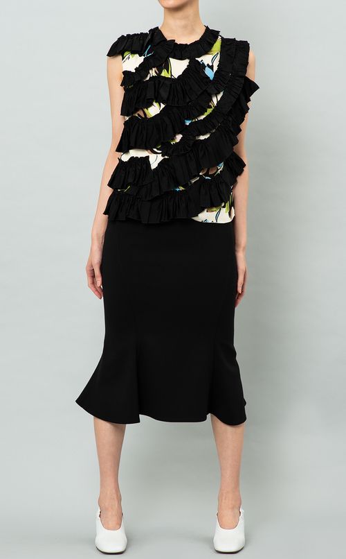 フリル付フラワープリントブラウス