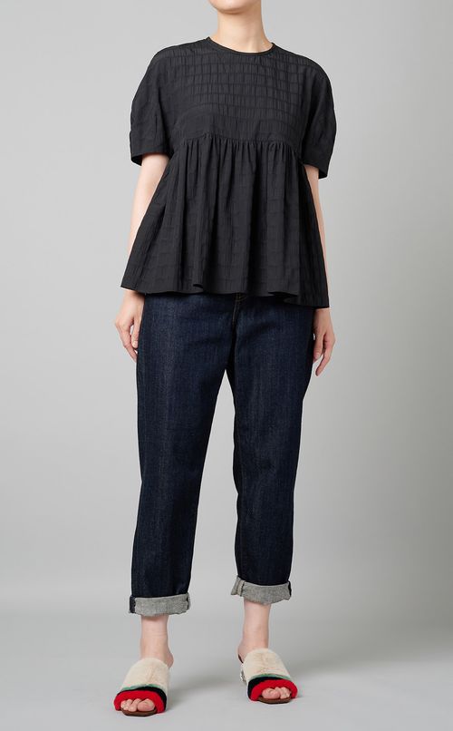 ボーダーサッカーギャザーブラウス