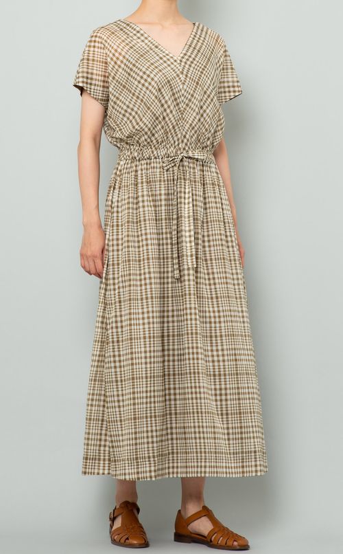 チェック柄Vネックロングワンピース