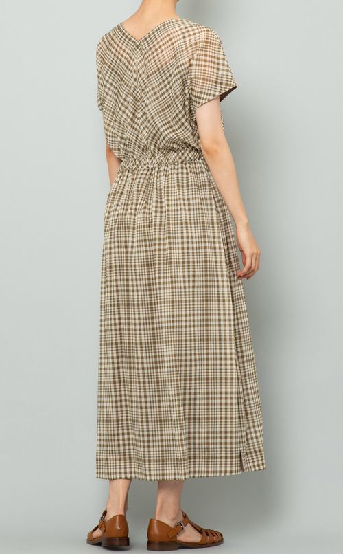 チェック柄Vネックロングワンピース