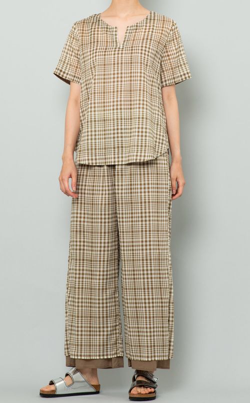 チェック柄キーネックTブラウス