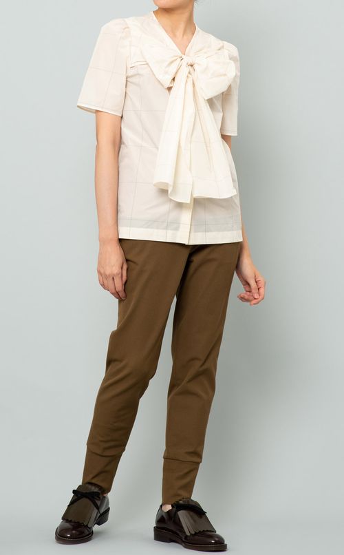 チェックVネックボウタイブラウス