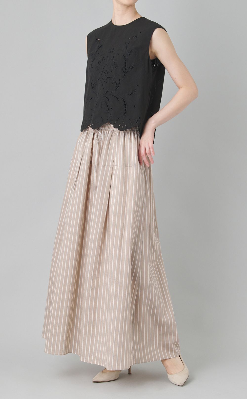 ストライプギャザーロングスカート