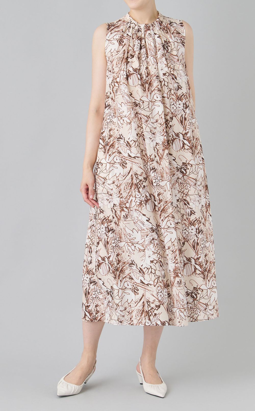 プリントギャザーノースリーブワンピース