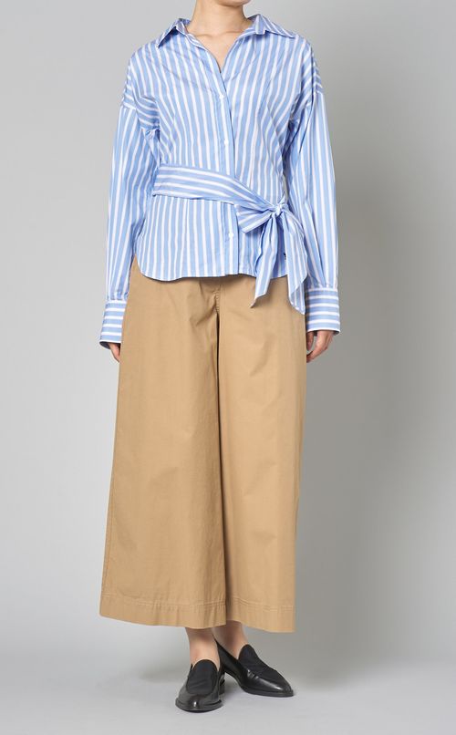 コットンストライプウエストベルトシャツ