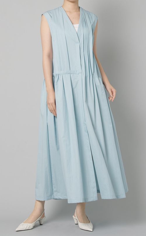 Vネックプリーツロングワンピース