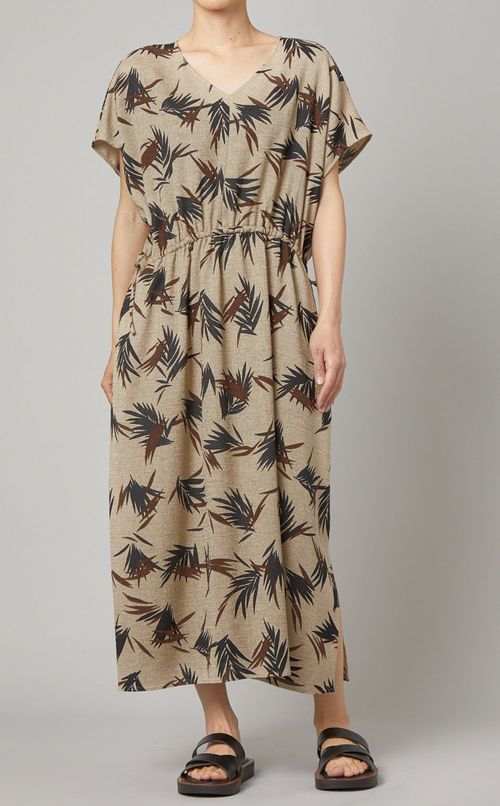 リーフプリントVネックワンピース