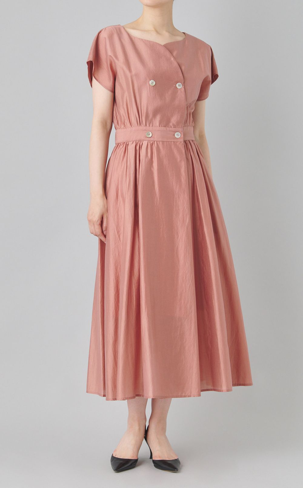 ウエストギャザー前開きワンピース