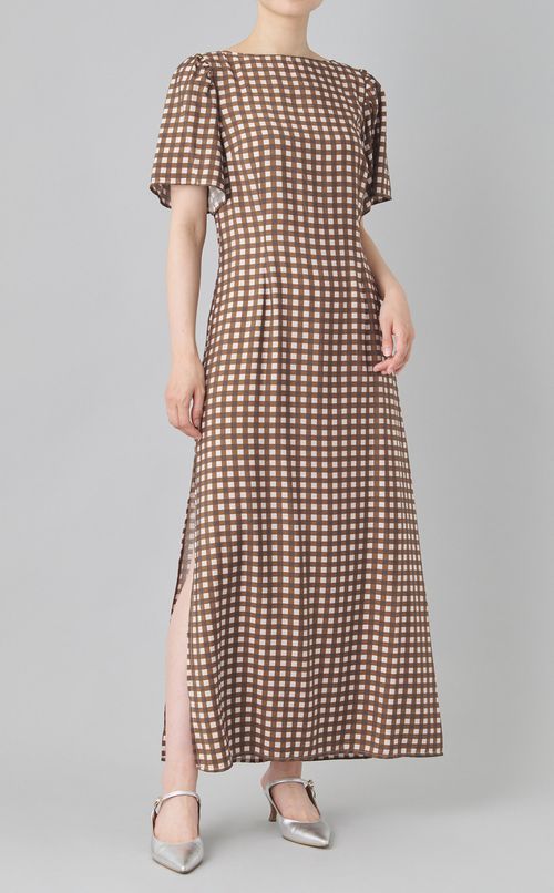ブラウンギンガムロングワンピース