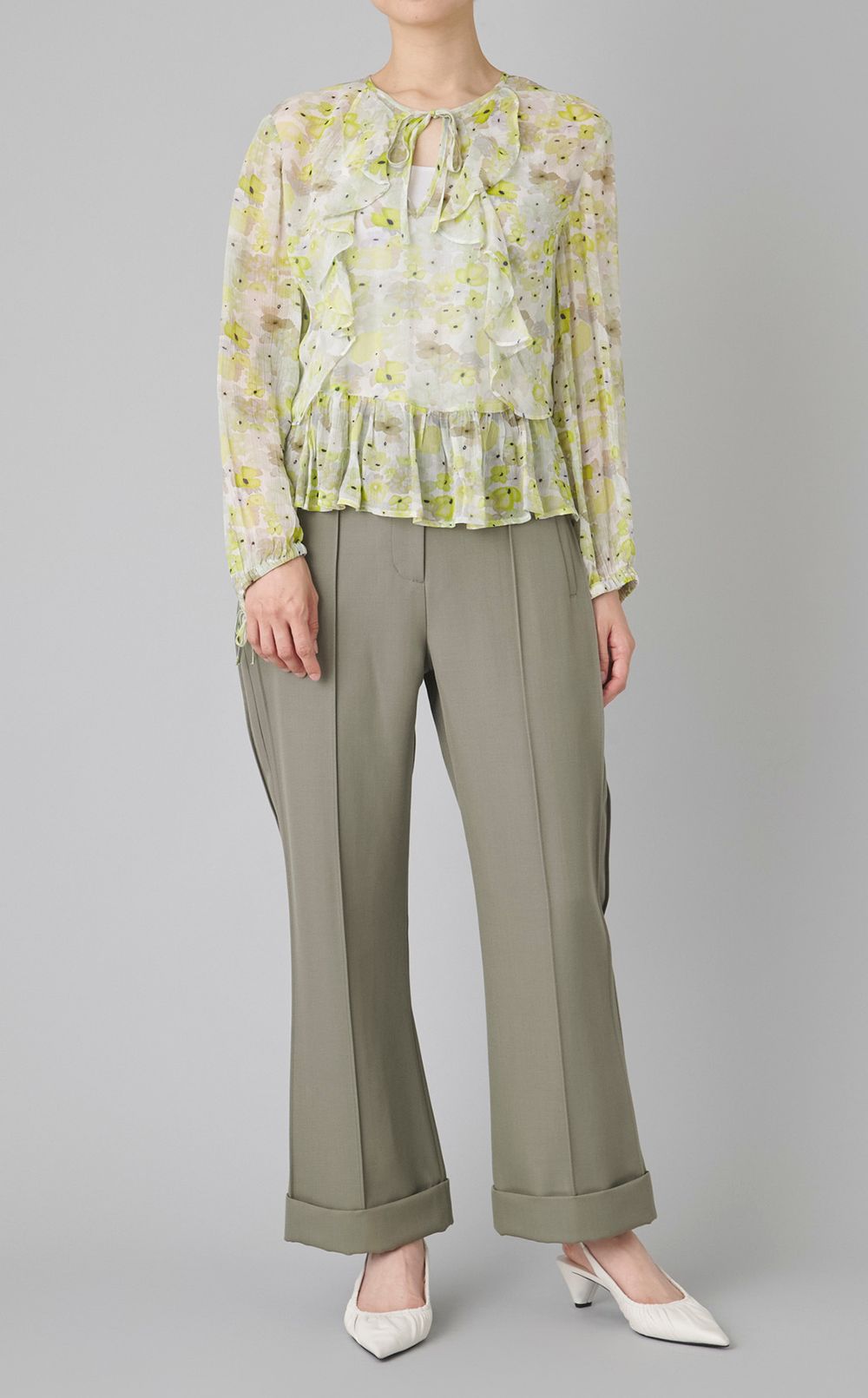 ライムフラワープリントフリルブラウス